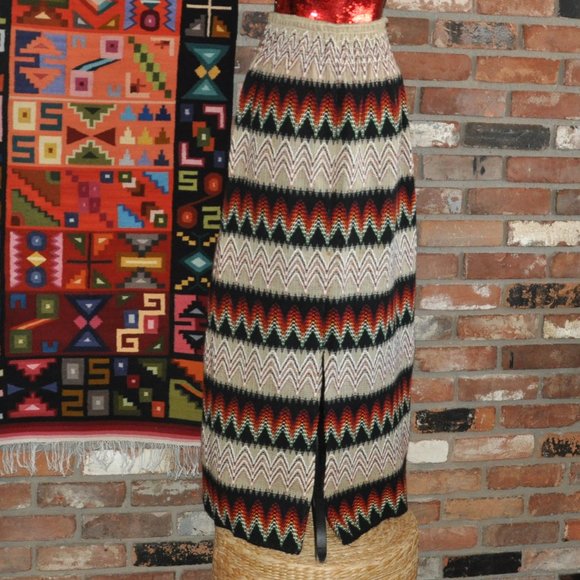 Vtg 70s Neutral Black Zig-Zag Woven Boho Hippie Maxi Pillar Skirt Ruched S-M - Picture 2 of 6